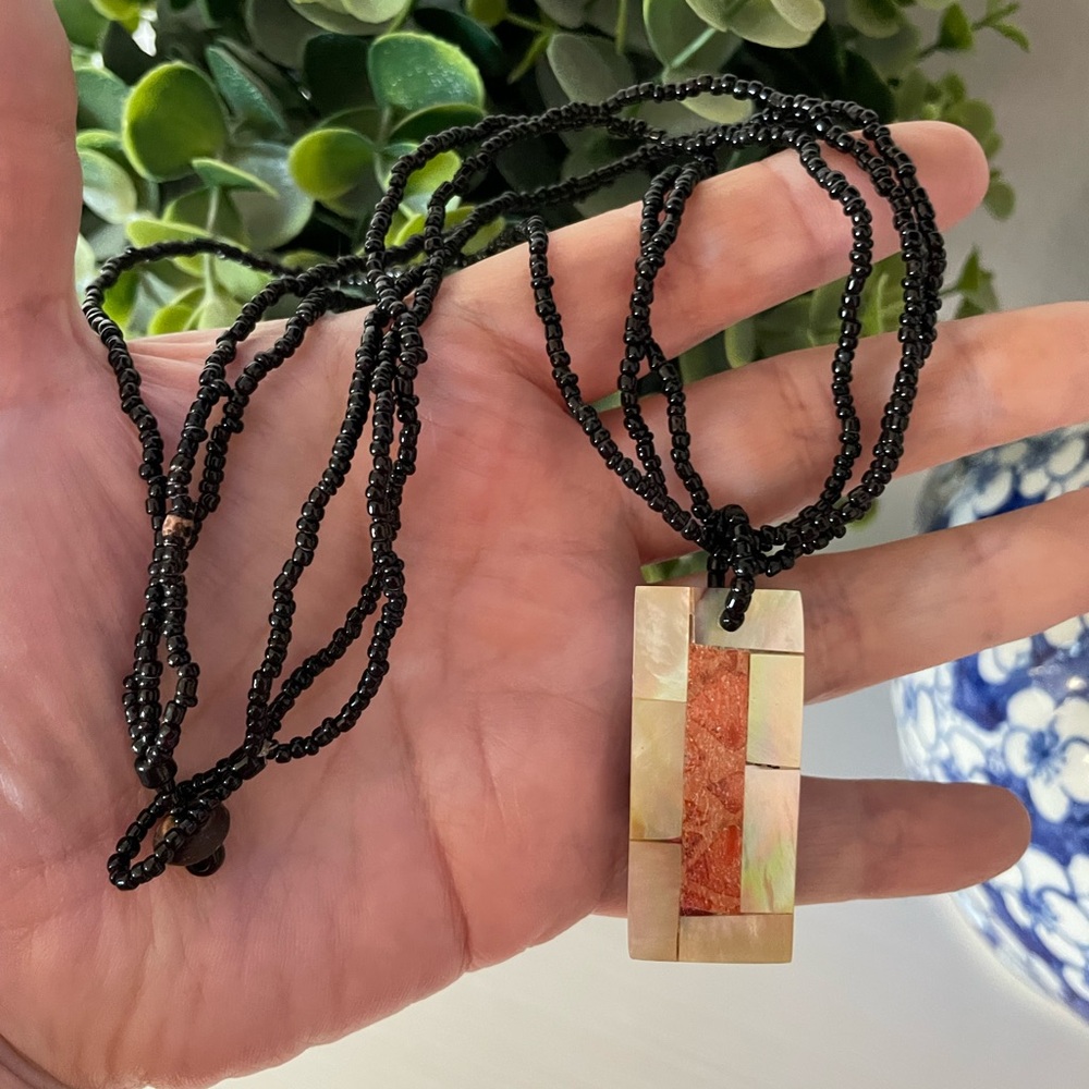 Rectangular Shell Pendant with Black Beaded Twisted Cord Necklace button clasp